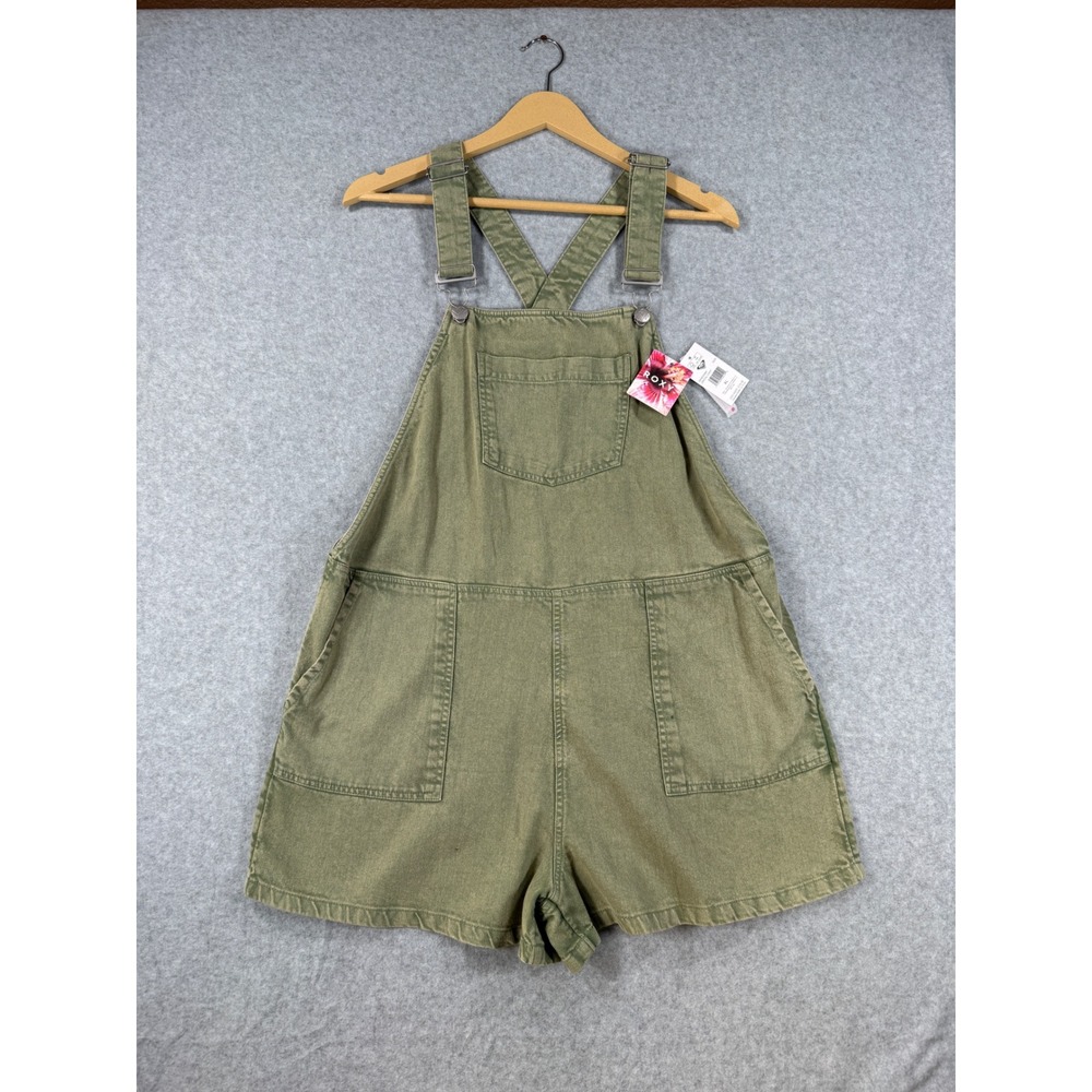 Roxy XL Shortalls Crystal Coast Olive Green Cotton Utility Overalls NWT